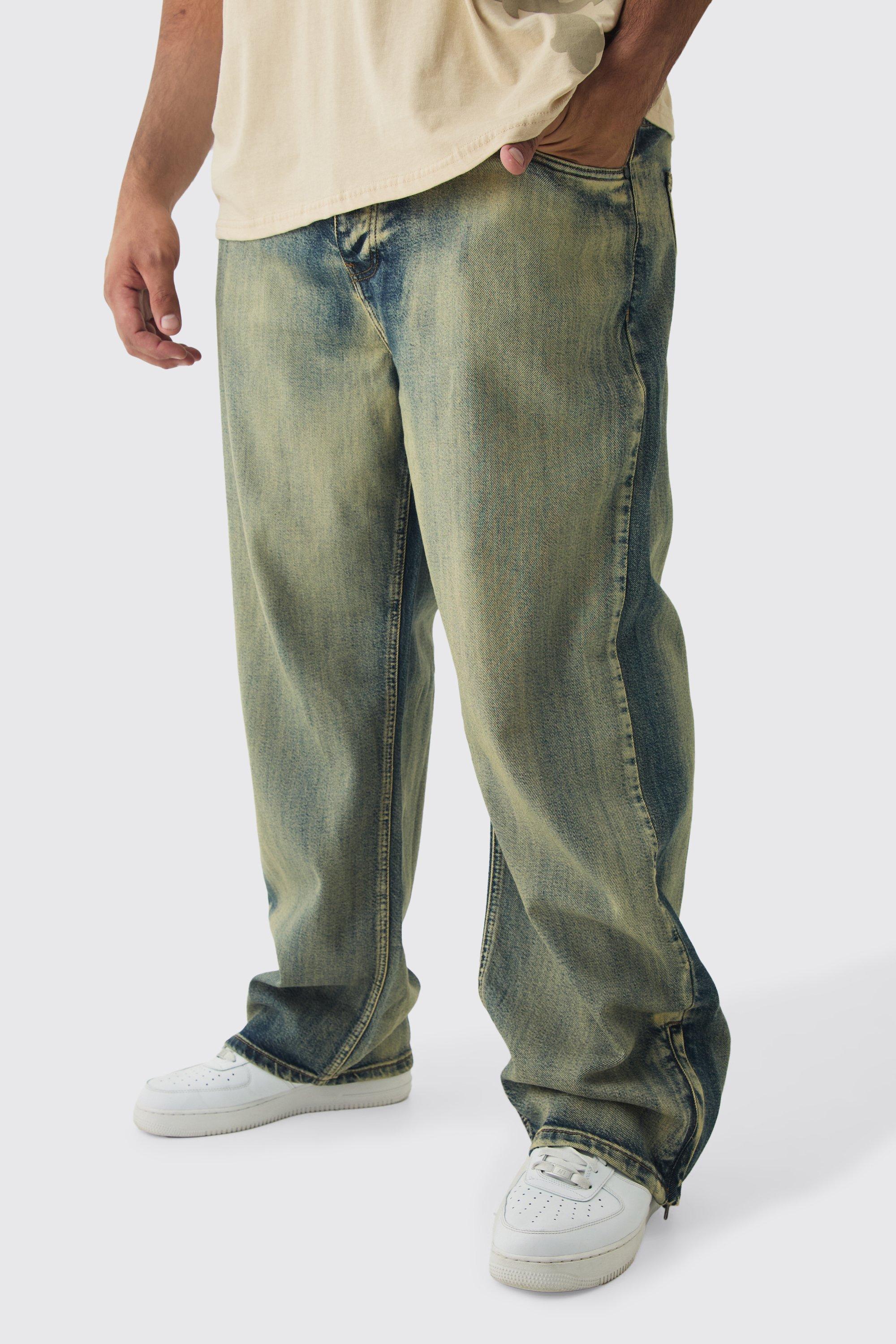 Mens Blue Plus Relaxed Rigid Zip Hem Jeans, Blue